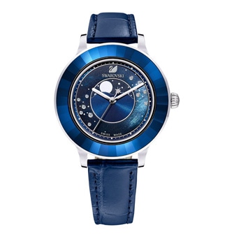 【SALE】Octea Lux Moon Watch, Leather Strap, Dark blue, Stainless steel 5516305